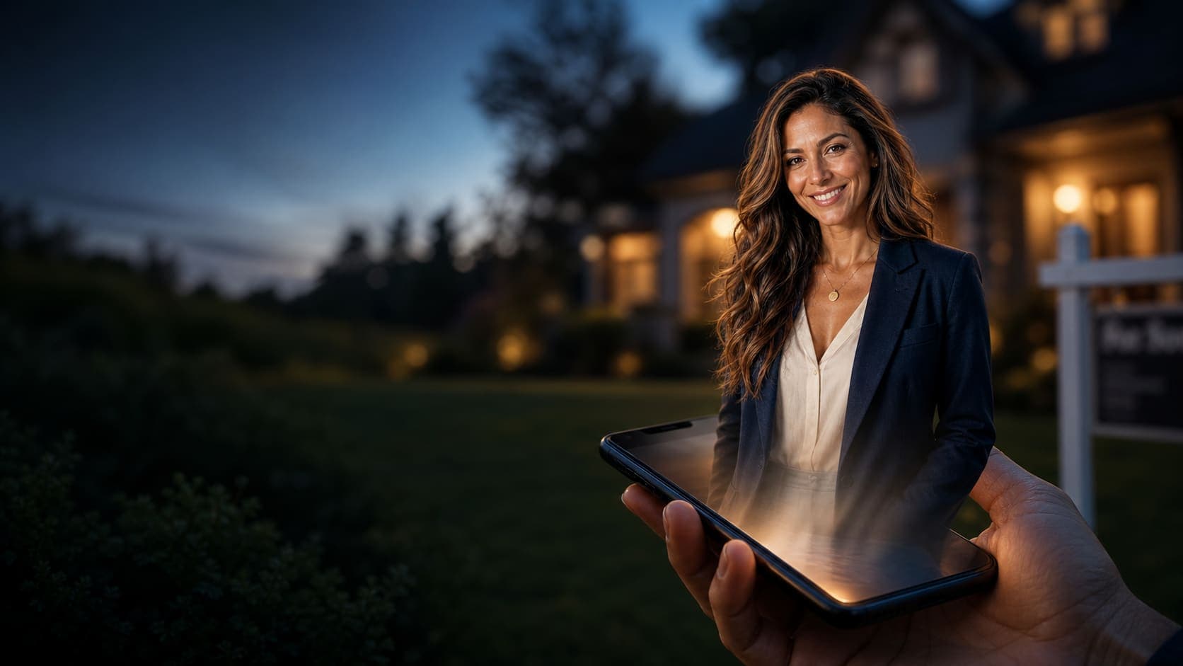 A real estate agent's hand holding a phone at dusk in front of a home for sale; Charlotte, the AI concierge, appears from the screen.